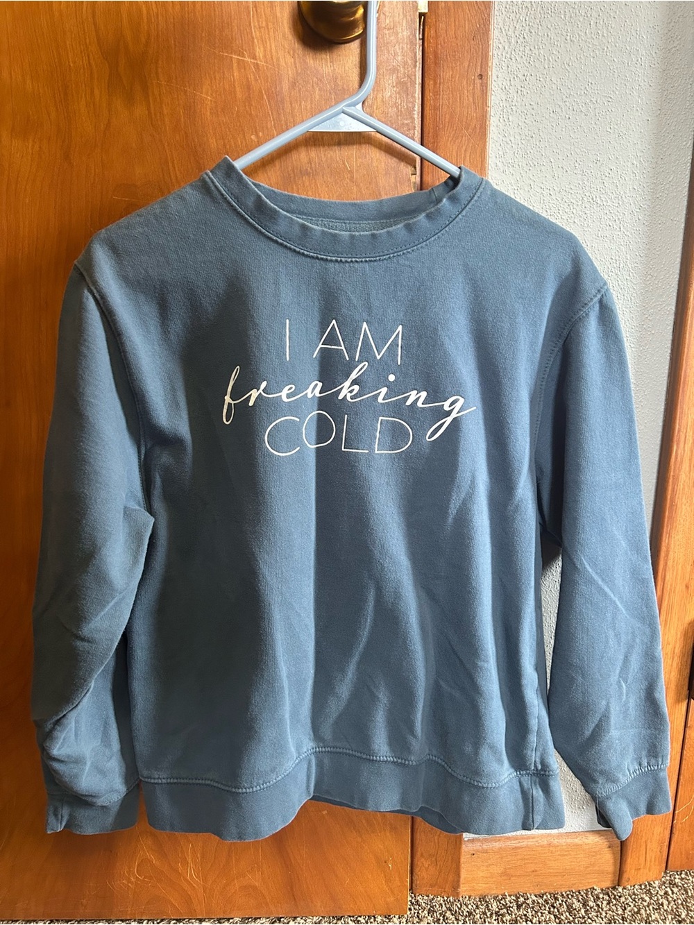 Women’s Slate Blue Crewneck Sweatshirt with 'I AM freaking COLD' Script